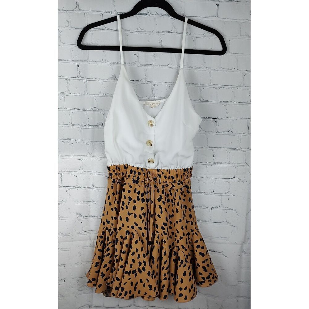 Main Strip Mini Dress Leopard Print Ruffle Hem‎ Sleeveless Casual White S